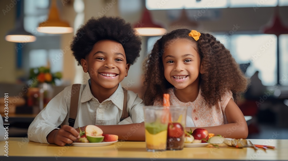 Wall mural young african american boy and girl who radiate joy as they enjoy their lunch break at school togeth