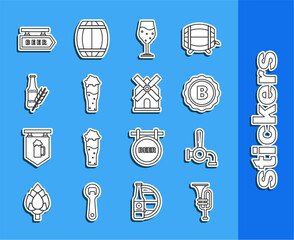 Set line Musical instrument trumpet, Beer tap, Bottle cap with inscription beer, Glass of, bottle, Street signboard and Windmill icon. Vector