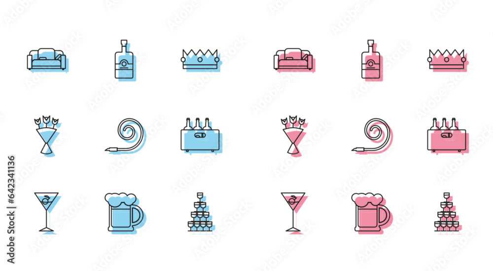 Poster Set line Martini glass, Wooden beer mug, Sofa, Wine glasses stacked pyramid tower, Birthday party horn, Bottles wine wooden box, Bouquet flowers and Whiskey bottle icon. Vector