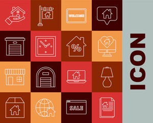 Set line House contract, Table lamp, Monitor with house in heart shape, Doormat the text Welcome, Clock, Garage, Realtor and percant discount tag icon. Vector