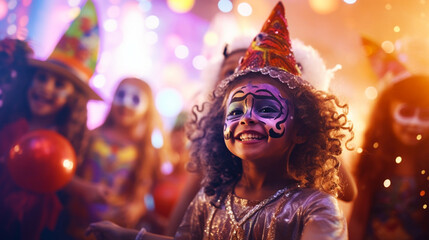 Festive banner with halloween party. Happy smiling kids with scary with makeup and wearing carnival costume on shiny colorful bokeh background. Postcard with copy space. Generative AI - obrazy, fototapety, plakaty