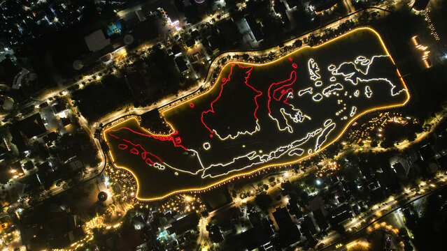 Aerial View of the Miniature of Indonesia Map, Taman Mini Indonesia Indah, Asia. 