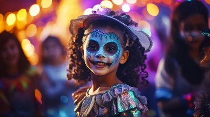 Gardinen Festive banner with halloween party. Little girl with scary skeleton makeup and wearing carnival costume on shiny colorful bokeh background. Mexican death day. Generative AI © Odin