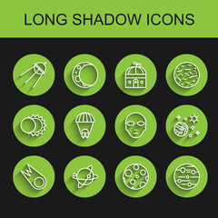 Set line Comet falling down fast, Satellites orbiting the planet Earth, Moon, Planet Mars, Saturn, Space and and Alien icon. Vector