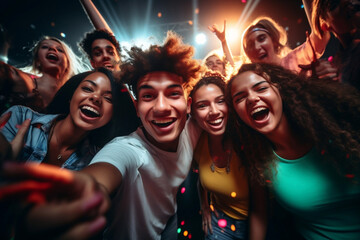 Party young and diverse people having fun in a nightclub. Happy teenager nightlife