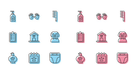 Set line Pet shampoo, Calendar grooming, Diaper for dog, Dog house and paw print, Grooming salon price list and Medical rubber gloves icon. Vector