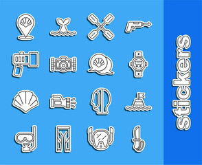 Set line Knife, Floating buoy on the sea, Diving watch, Paddle, Photo camera, Flashlight, Scallop shell and icon. Vector