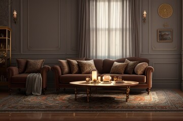 Classic Interior Of Living Room With Sofa And Armchair Near Fireplace