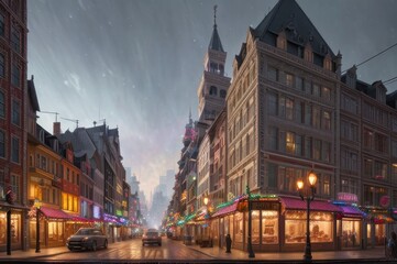 Christmas city panorama with happy people walking on street in snow on winter holidays. European Old town at Xmas eve with cozy buildings. Cityscape with New Year lifestyle
