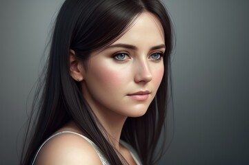 Fototapeta premium Portrait of a young woman with natural makeup and natural styling. Advertising natural cosmetics. Advertising for a beauty salon. Care cosmetics, face and body skin care. Sad female. Low key