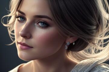 Naklejka premium Portrait of a young woman with natural makeup and natural styling. Advertising natural cosmetics. Advertising for a beauty salon. Care cosmetics, face and body skin care. Sad female. Low key