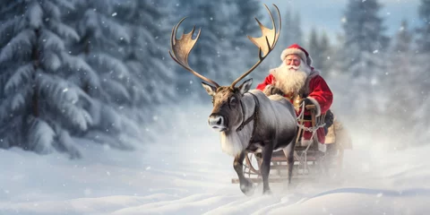 Gordijnen Santa Claus riding in a sleigh pulled by a reindeer © Juha Saastamoinen