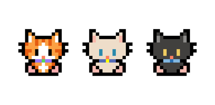Various sets of adorable cats, including Black, White, and Orange cats, sitting or behaving in an 8-bit manner. | Editable EPS