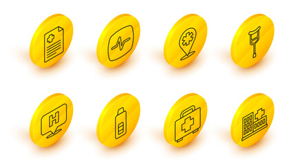 Set line Hospital building, First aid kit, Digital thermometer, Location hospital, Crutch or crutches, Heart rate and Patient record icon. Vector
