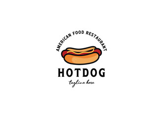 Hot dog logo badge with retro design style. Hot dog emblem logo design. 