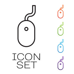 Black line Computer mouse icon isolated on white background. Optical with wheel symbol. Set icons colorful. Vector