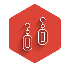 White line Earrings icon isolated with long shadow background. Jewelry accessories. Red hexagon button. Vector