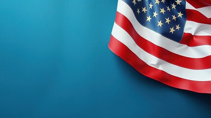 American flag on a blue background. Copy space