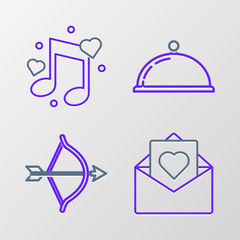 Set line Envelope with Valentine heart, Bow and arrow, Covered tray of food and Music note, tone hearts icon. Vector