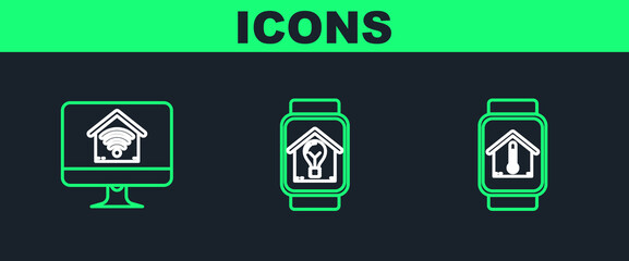 Set line Smart watch with house temperature, Computer monitor smart home wi-fi and and light bulb icon. Vector