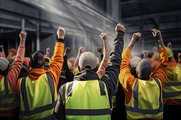Back view of construction worker in vest raising hand