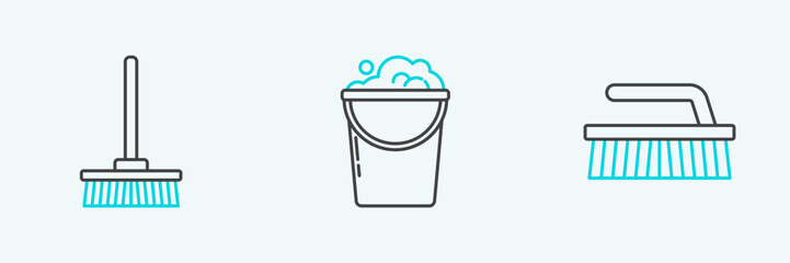 Set line Brush for cleaning, Mop and Bucket with foam and bubbles icon. Vector