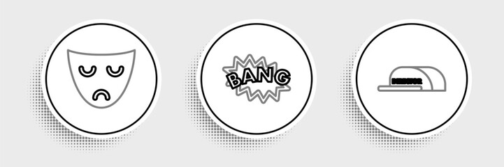 Set line Cap with inscription director, Drama theatrical mask and Bang boom text speech bubble balloon icon. Vector