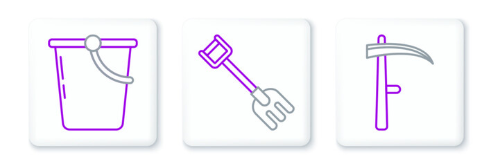 Set line Scythe, Bucket and Garden rake icon. Vector