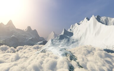 Snowy peaks over a sea of clouds, the rays of the sun in the mountains above the clouds, 3d rendering