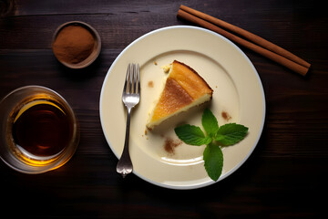 Egg liqueur cake, German dessert served on a plate, top down