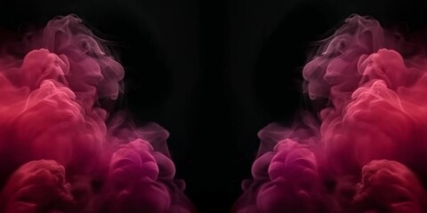 Pink red magenta smoke clouds on black background. Symmetrical textured AI illustration. - obrazy, fototapety, plakaty