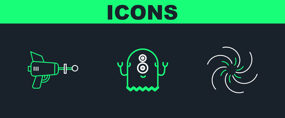 Set line Black hole, Ray gun and Alien icon. Vector