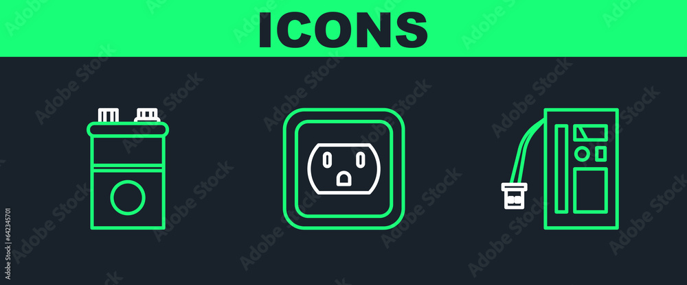 Sticker Set line Battery, Car battery and Electrical outlet in the USA icon. Vector