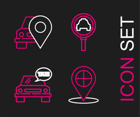 Set line Map pointer with taxi, Taxi car, Magnifying glass and and icon. Vector