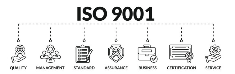 Banner of iso 9001 web vector illustration concept with icons of quality, management, standard, assurance, business, certification, service