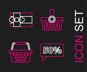 Set line Fifty discount percent tag, Shopping basket, and Gift box icon. Vector