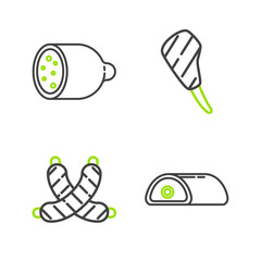 Set line Meat, Crossed sausage, Rib eye steak and Salami icon. Vector