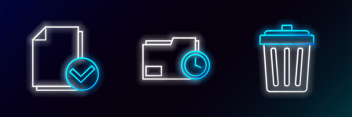 Set line Trash can, Document and check mark and folder with clock icon. Glowing neon. Vector