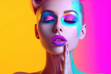 colourful manicure bright girl trendy beauty posing make girl UV colorful lights woman High makeup portrait Fashion design beautiful m studio colorful model Art make-up