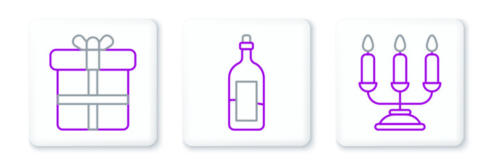 Set line Candelabrum with candlesticks, Gift box and Bottle of wine icon. Vector