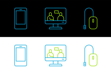 Set line Computer mouse, Mobile phone and Online education icon. Vector