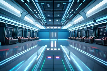 White interior of a spaceship with lighting in perspective, 3D