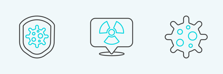 Set line Virus, Shield protecting from virus and Radioactive location icon. Vector