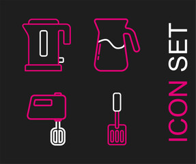 Set line Spatula, Electric mixer, Jug glass with water and kettle icon. Vector