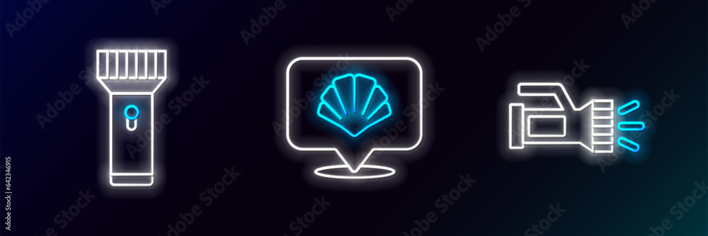 Wall mural set line flashlight, and scallop sea shell icon. glowing neon. vector