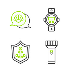 Set line Flashlight, Anchor inside shield, Diving watch and Scallop sea shell icon. Vector