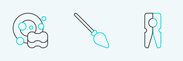 Set line Clothes pin, Washing dishes and Handle broom icon. Vector