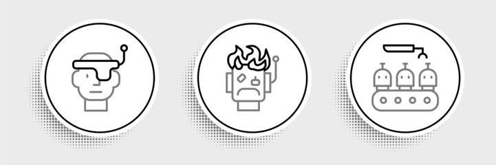 Set line Industrial production of robots, Smart glasses and Robot burned out icon. Vector