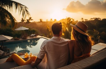 couple sit on pool at sunset on balcony