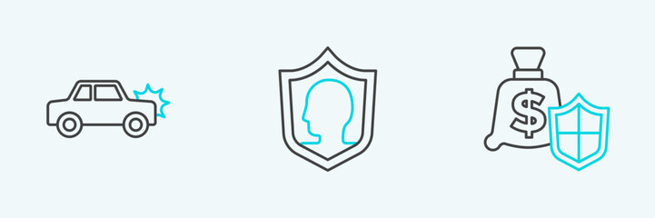 Set line Money with shield, Car and Life insurance icon. Vector